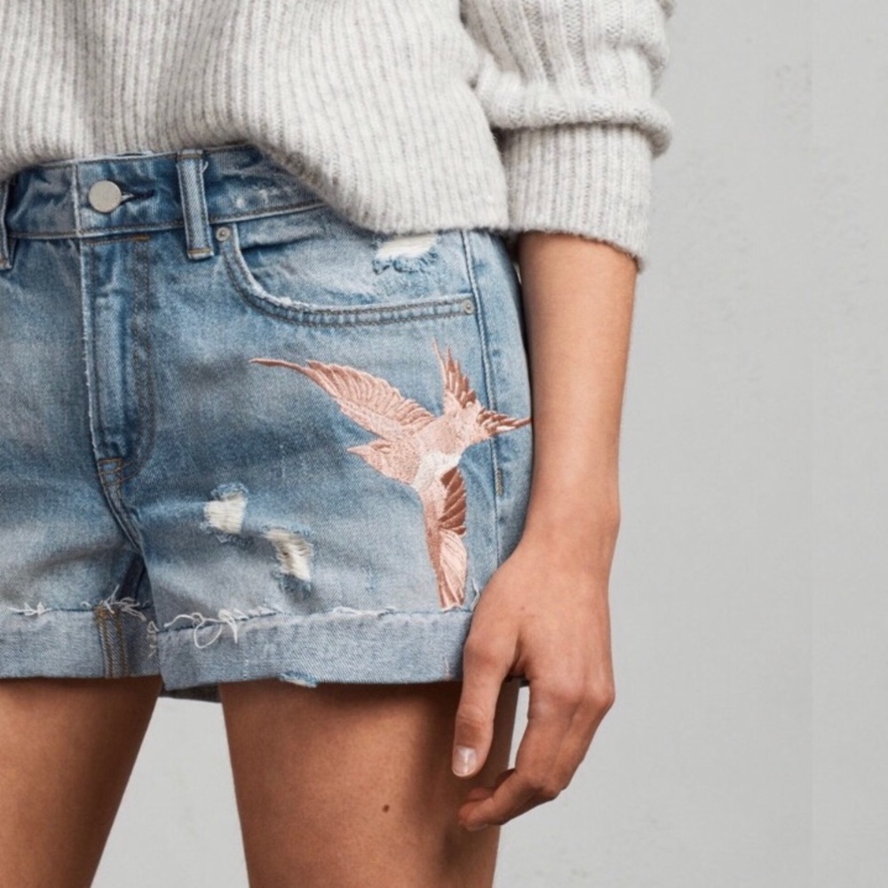 All Saints Birds Embroidered jeans Denim Shorts